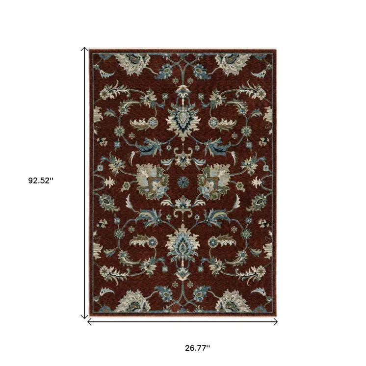 8' Red Teal And Green Oriental Runner Rug With Fringe