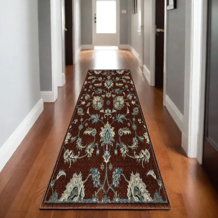 8' Red Teal And Green Oriental Runner Rug With Fringe