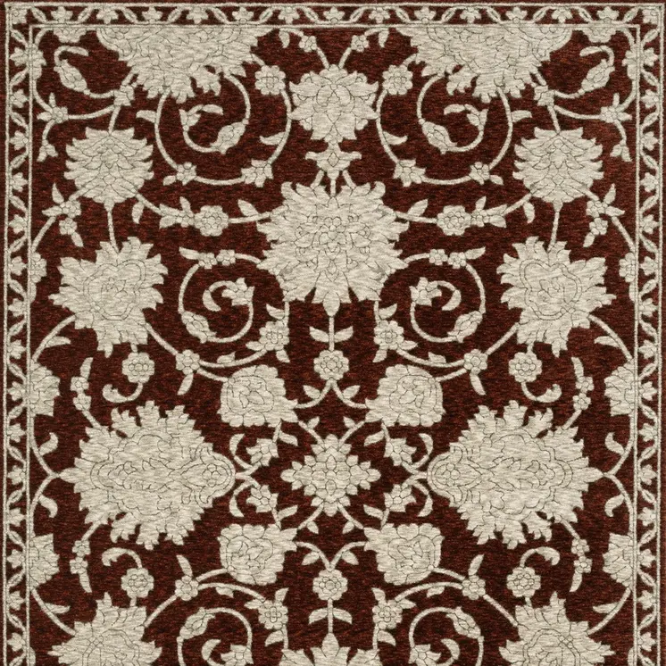 3' X 5' Red And Beige Floral Area Rug With Fringe