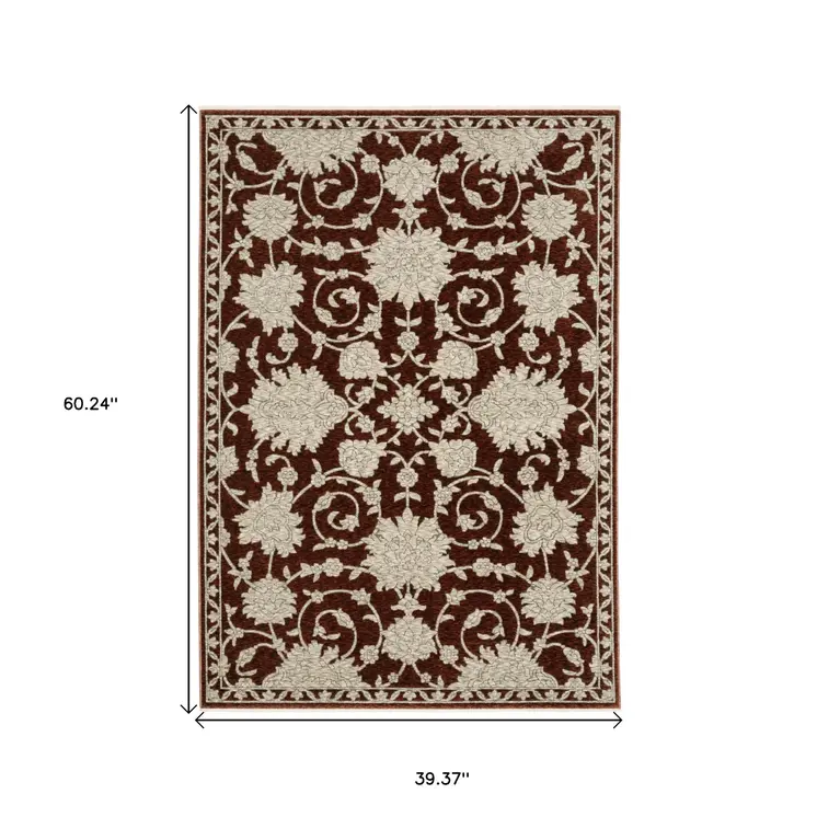 3' X 5' Red And Beige Floral Area Rug With Fringe