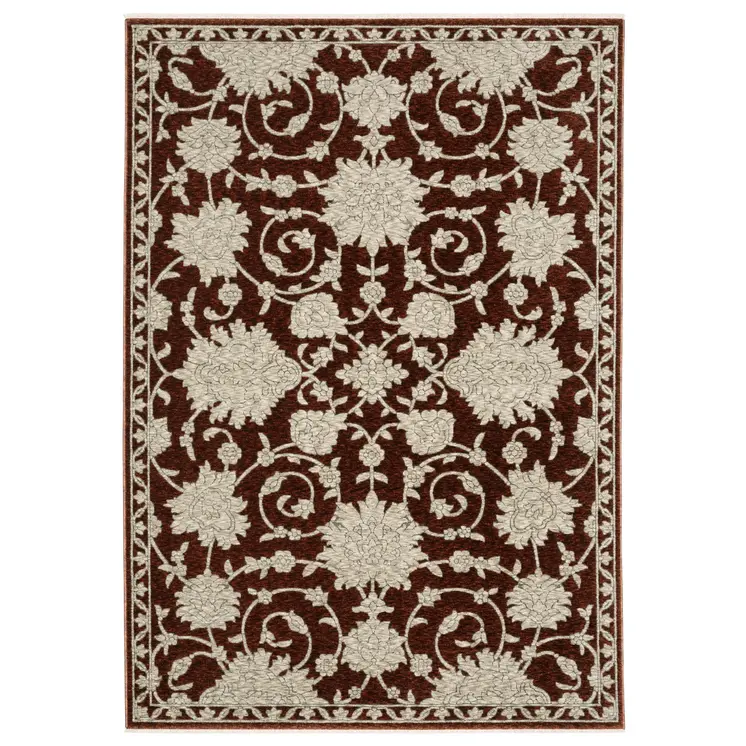 3' X 5' Red And Beige Floral Area Rug With Fringe