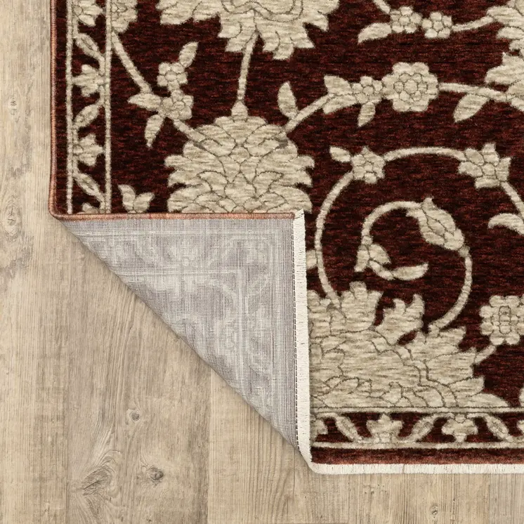 3' X 5' Red And Beige Floral Area Rug With Fringe
