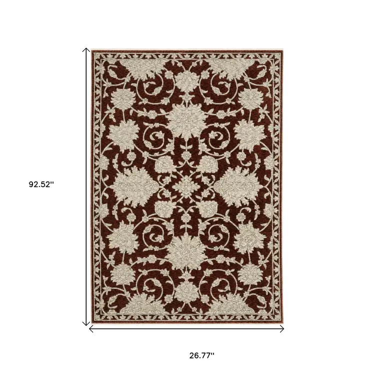 8' Red And Beige Floral Runner Rug With Fringe