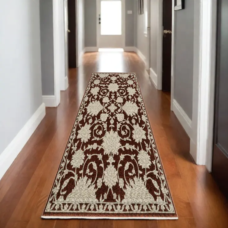 8' Red And Beige Floral Runner Rug With Fringe