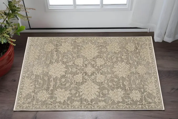 3' X 5' Gray And Beige Floral Area Rug With Fringe