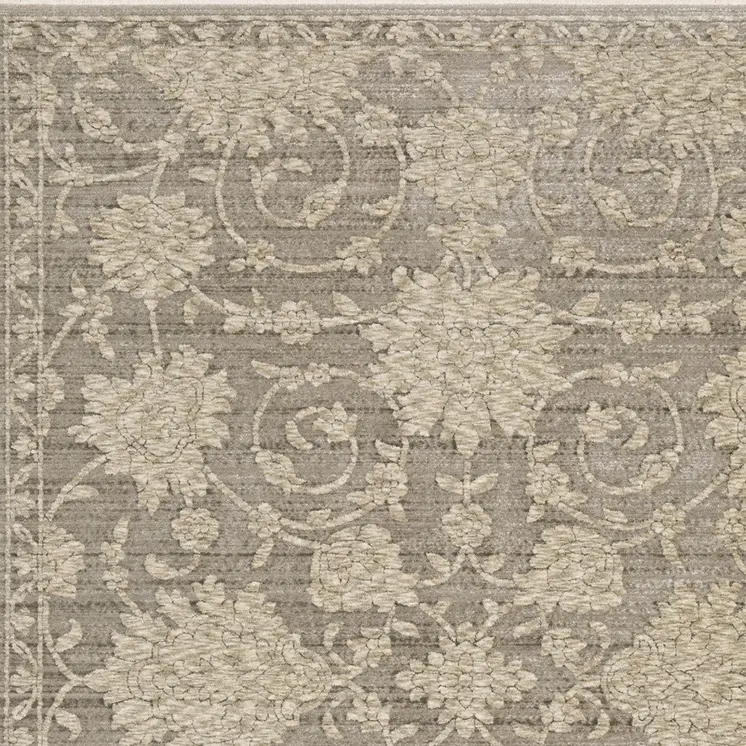 8' Gray And Beige Floral Runner Rug With Fringe