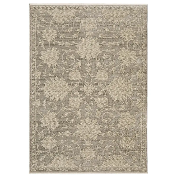 8' Gray And Beige Floral Runner Rug With Fringe