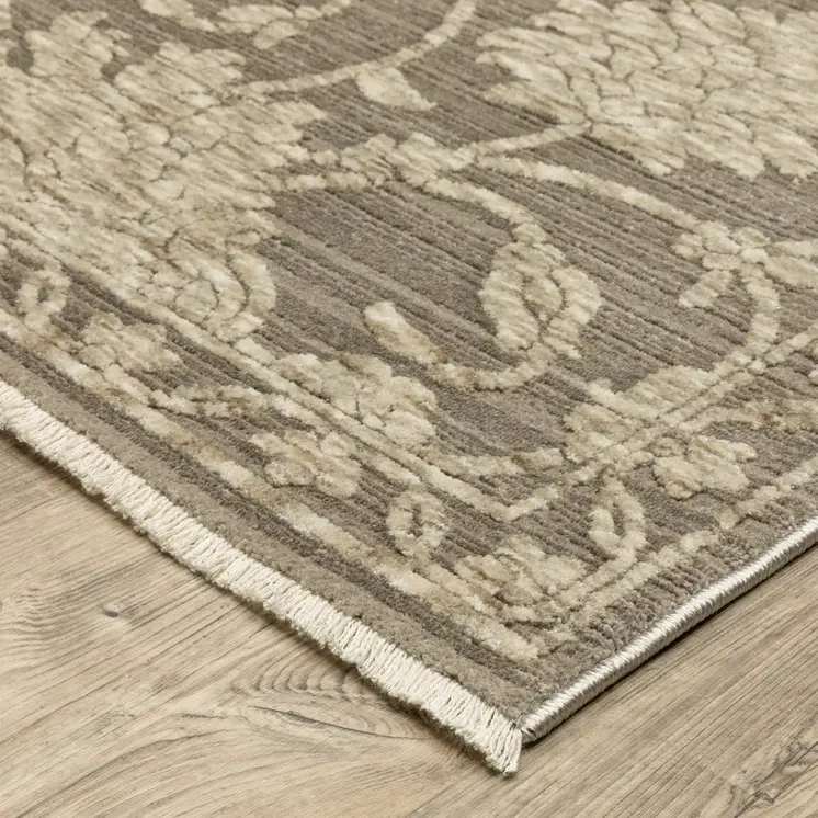 8' Gray And Beige Floral Runner Rug With Fringe