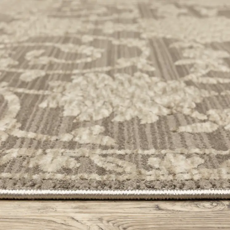 8' Gray And Beige Floral Runner Rug With Fringe