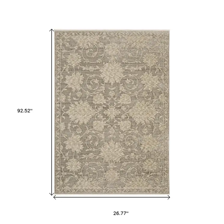 8' Gray And Beige Floral Runner Rug With Fringe