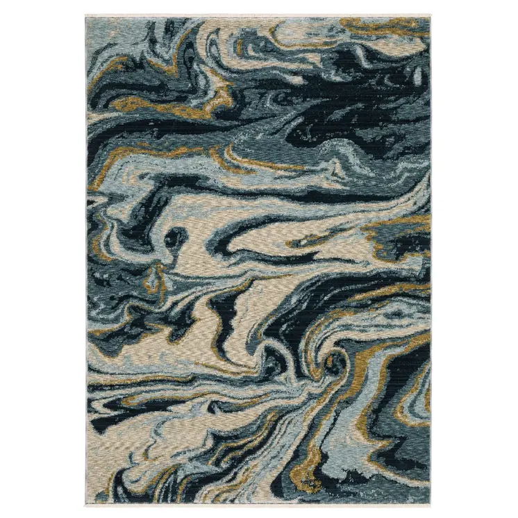 3' X 5' Navy Blue And Teal Abstract Area Rug With Fringe