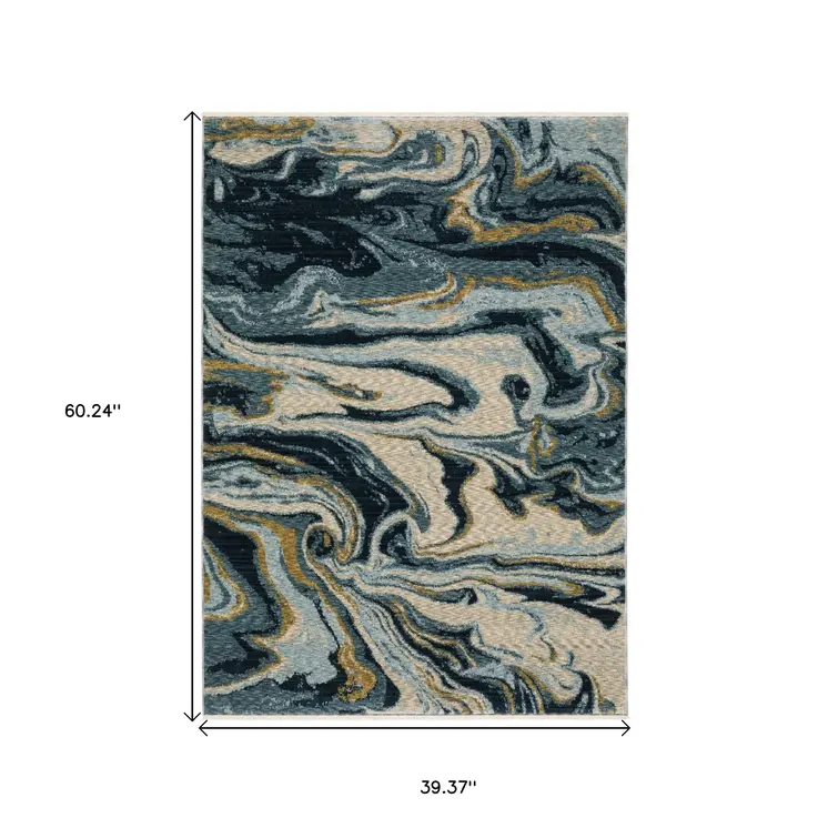3' X 5' Navy Blue And Teal Abstract Area Rug With Fringe