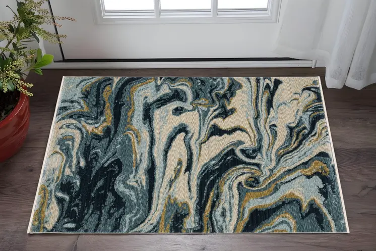 3' X 5' Navy Blue And Teal Abstract Area Rug With Fringe