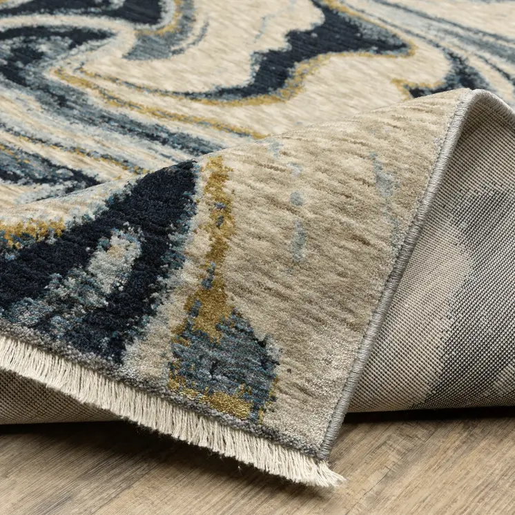 8' Navy Blue And Teal Abstract Runner Rug With Fringe