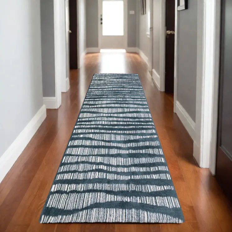 8' Teal And Ivory Striped Runner Rug