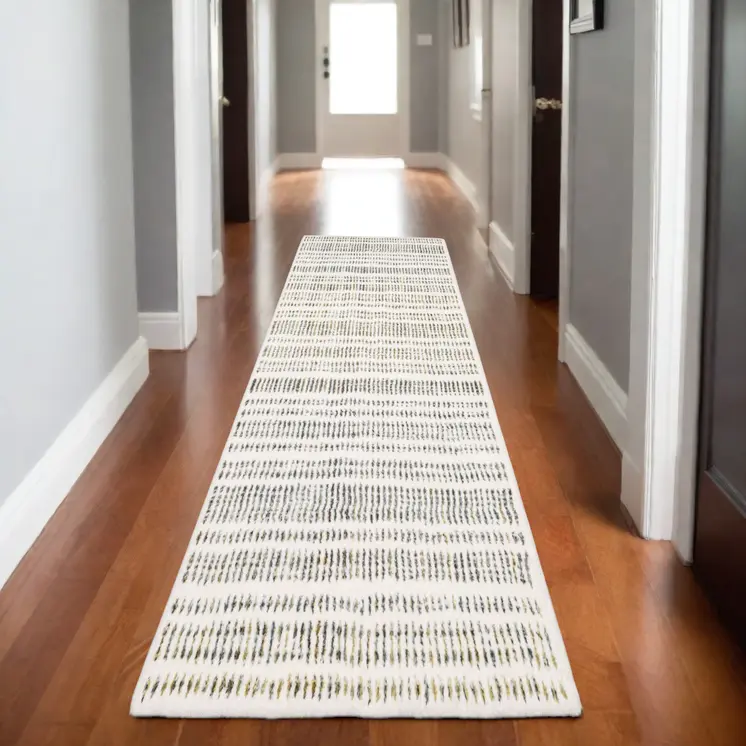8' Ivory Yellow And Black Striped Runner Rug
