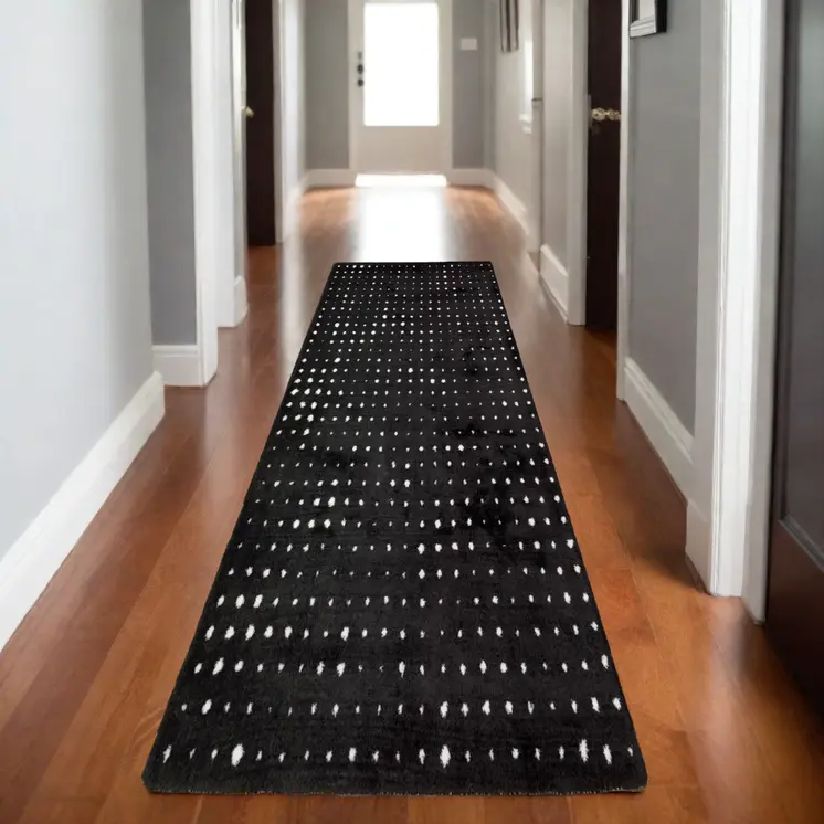8' Black And Ivory Geometric Runner Rug