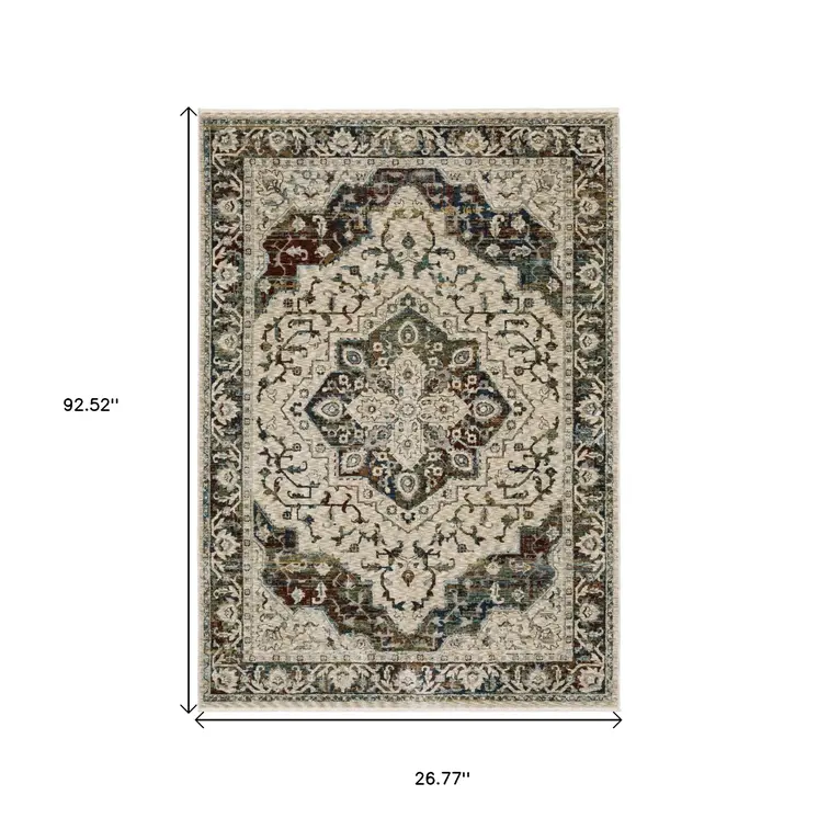 8' Beige Rust And Blue Medallion Runner Rug With Fringe