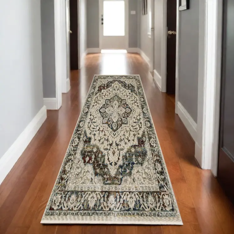 8' Beige Rust And Blue Medallion Runner Rug With Fringe