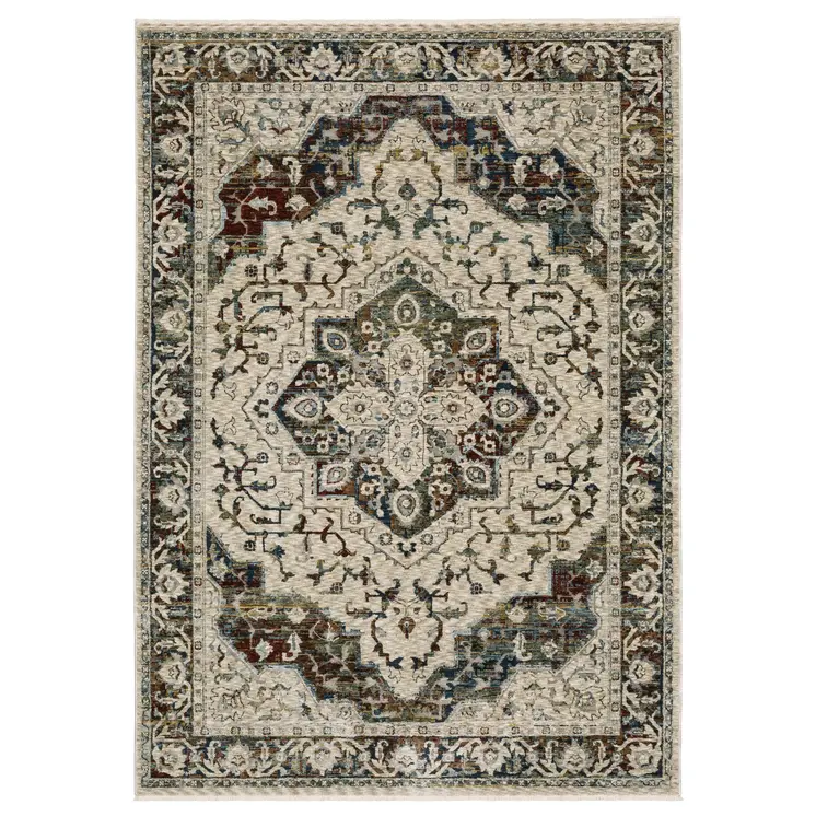8' Beige Rust And Blue Medallion Runner Rug With Fringe