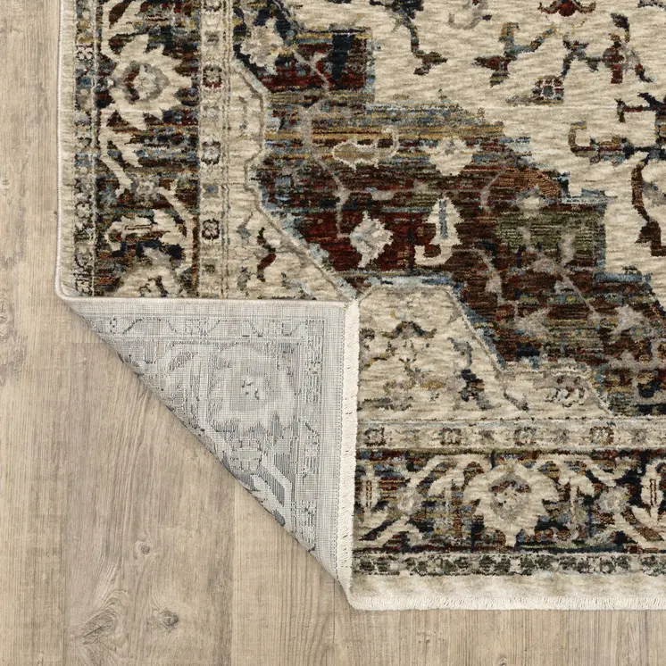 8' Beige Rust And Blue Medallion Runner Rug With Fringe