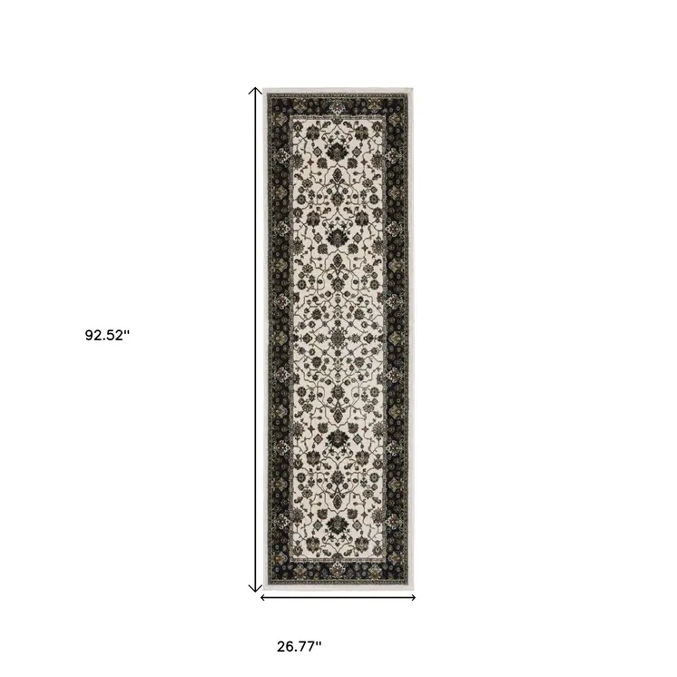 8' Ivory Oriental Runner Rug With Fringe