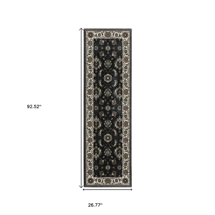 8' Blue And Ivory Oriental Runner Rug With Fringe