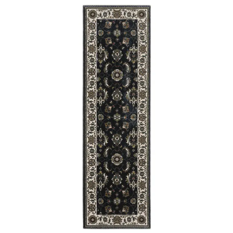 8' Blue And Ivory Oriental Runner Rug With Fringe