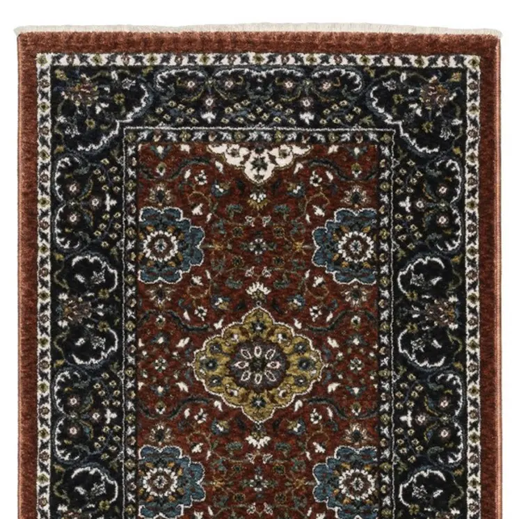 8' Red Medallion Runner Rug With Fringe