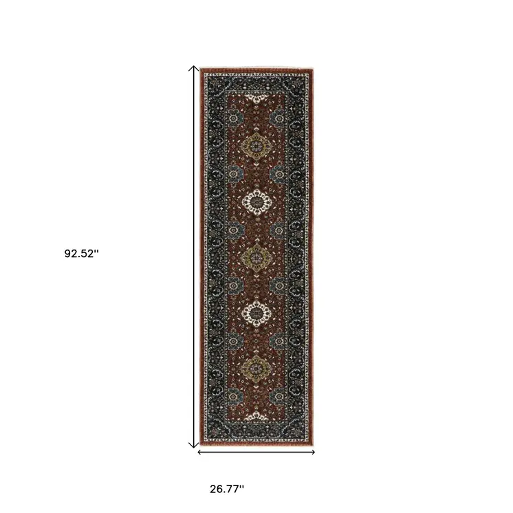 8' Red Medallion Runner Rug With Fringe