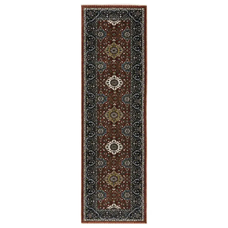 8' Red Medallion Runner Rug With Fringe