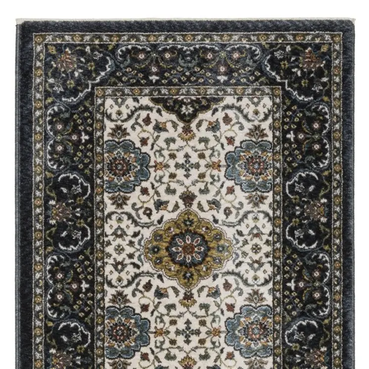 8' Ivory Medallion Runner Rug With Fringe