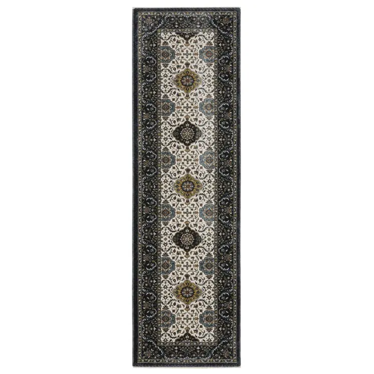 8' Ivory Medallion Runner Rug With Fringe
