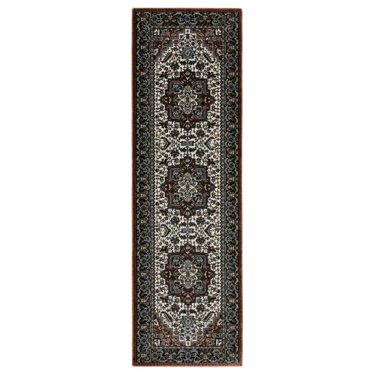 8' Red Black And White Medallion Runner Rug With Fringe