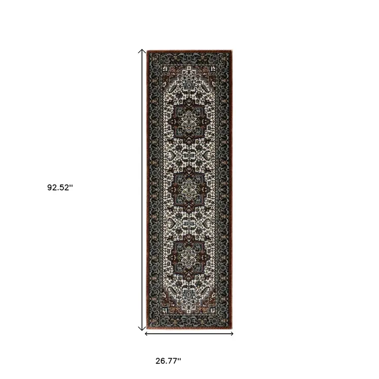 8' Red Black And White Medallion Runner Rug With Fringe