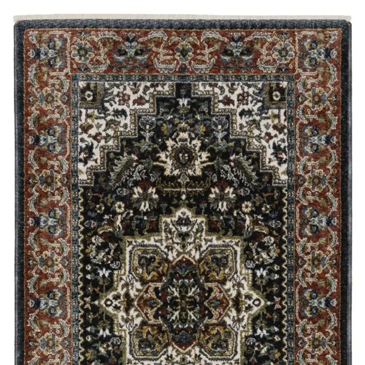 8' Navy Blue Black And White Medallion Runner Rug With Fringe