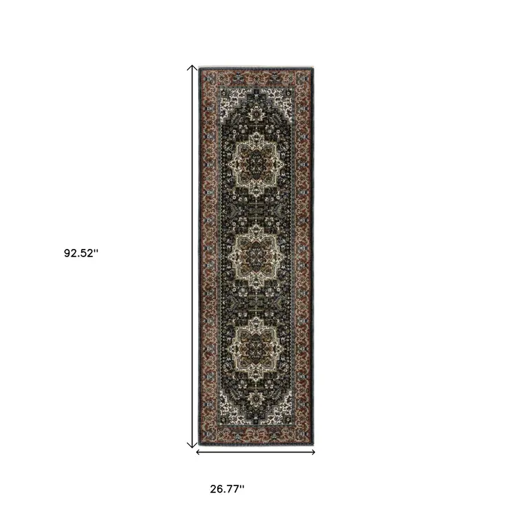 8' Navy Blue Black And White Medallion Runner Rug With Fringe