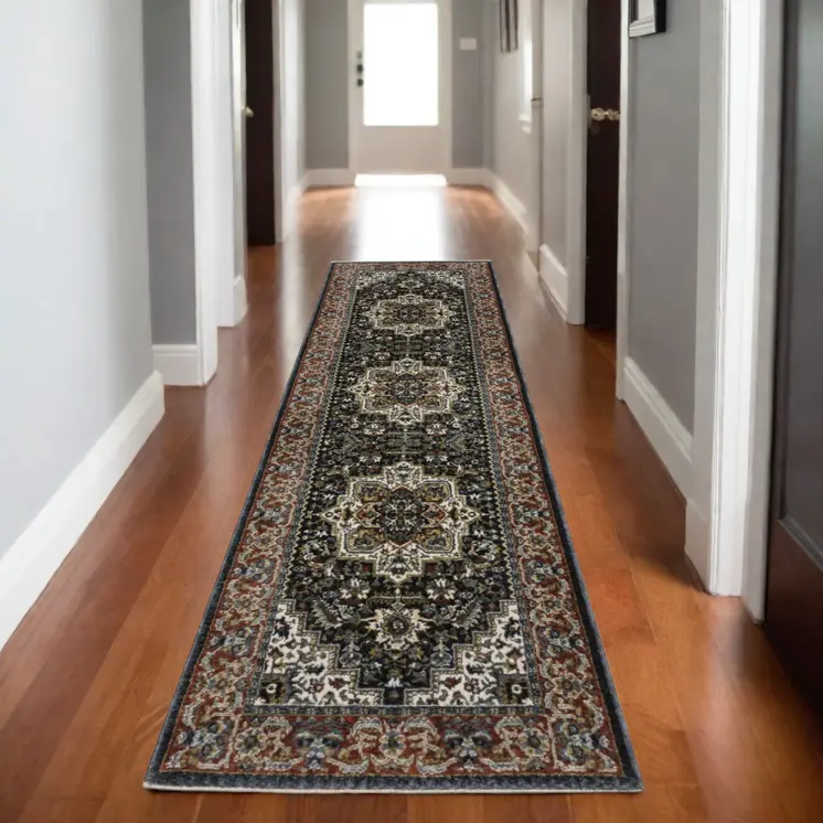 8' Navy Blue Black And White Medallion Runner Rug With Fringe