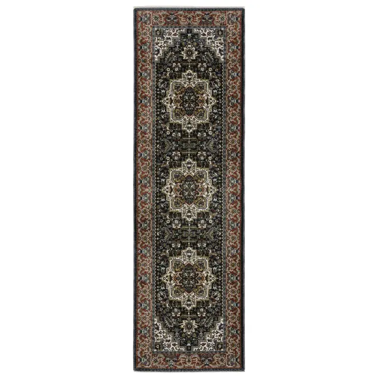 8' Navy Blue Black And White Medallion Runner Rug With Fringe