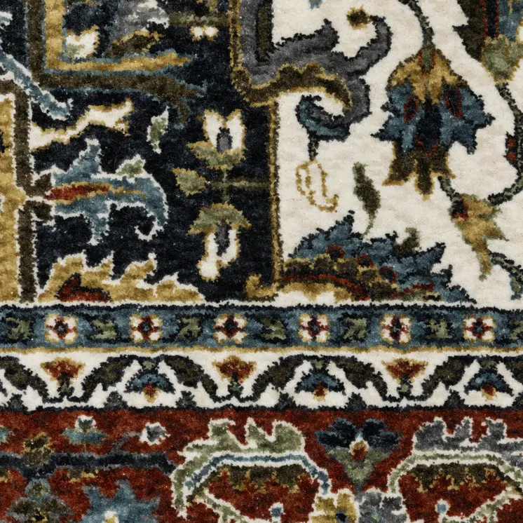8' Navy Blue Black And White Medallion Runner Rug With Fringe