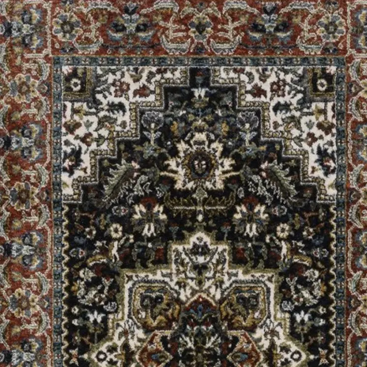 8' Navy Blue Black And White Medallion Runner Rug With Fringe