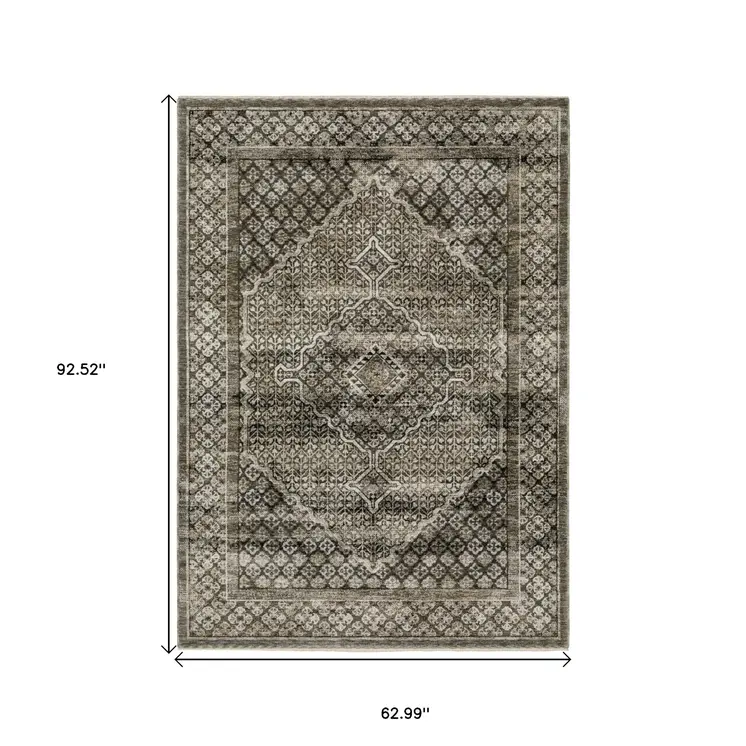 5' X 8' Gray And Beige Medallion Area Rug With Fringe
