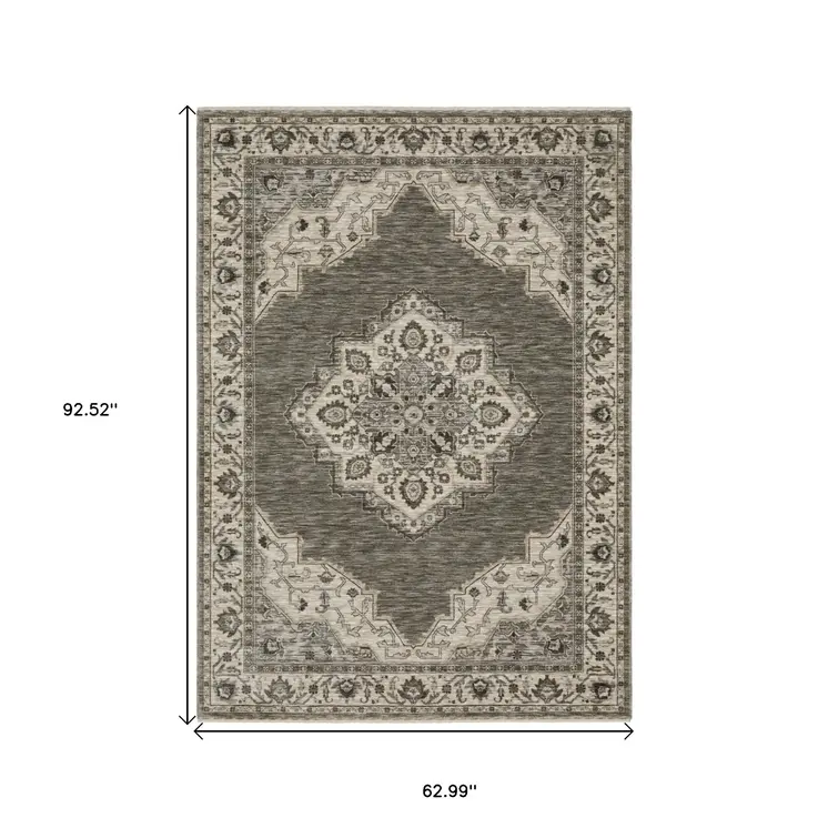 5' X 8' Gray And Beige Medallion Area Rug With Fringe