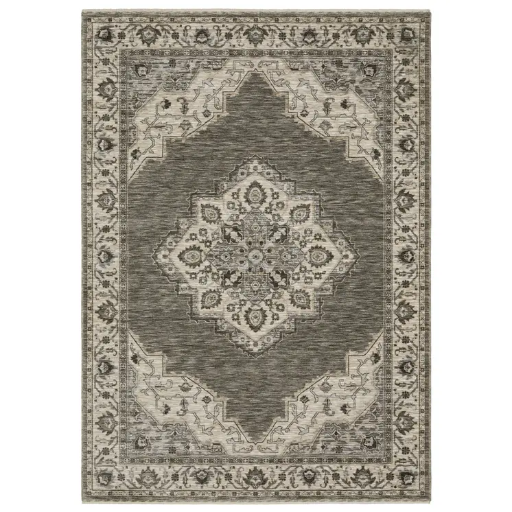 5' X 8' Gray And Beige Medallion Area Rug With Fringe