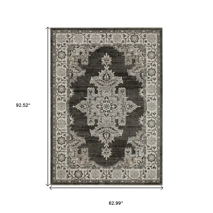 5' X 8' Gray And Beige Medallion Area Rug With Fringe