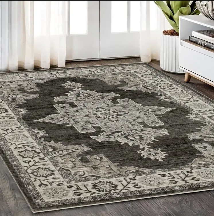 5' X 8' Gray And Beige Medallion Area Rug With Fringe