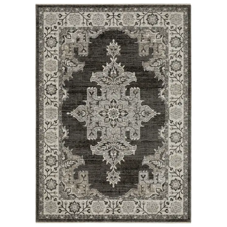 5' X 8' Gray And Beige Medallion Area Rug With Fringe