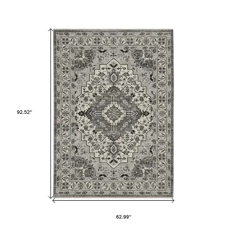 5' X 8' Gray And Ivory Medallion Area Rug With Fringe