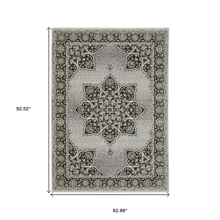 5' X 8' Gray And Black Medallion Area Rug With Fringe