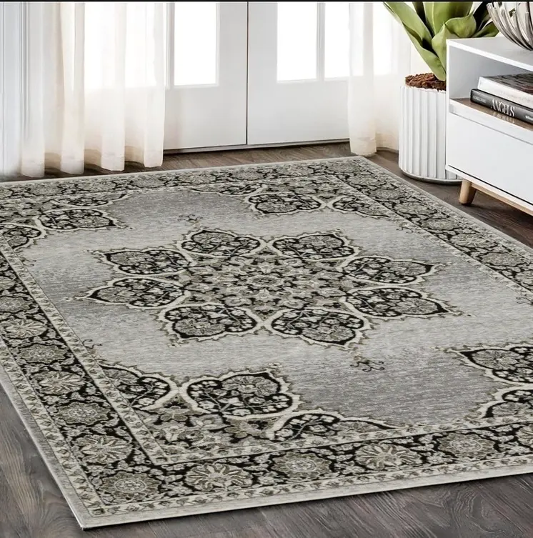 5' X 8' Gray And Black Medallion Area Rug With Fringe